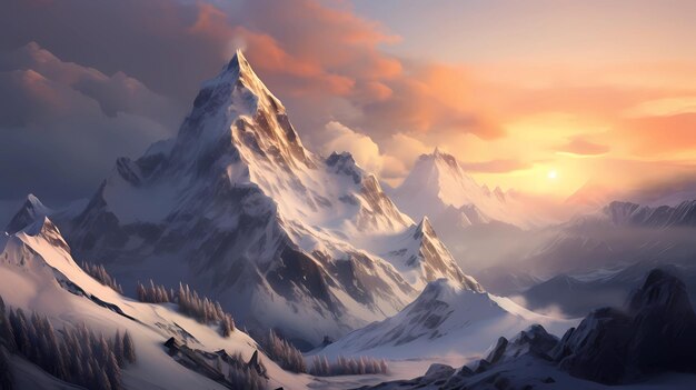 Snowcovered mountains at sunrise