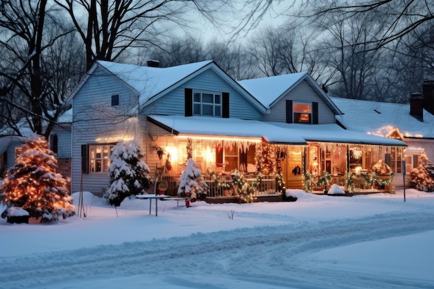 Snowcovered outdoor christmas light display created with generative ai