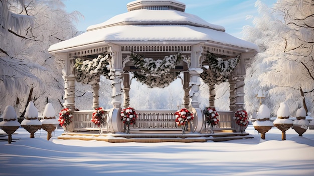 Photo snowcovered park gazebo with festive decorations