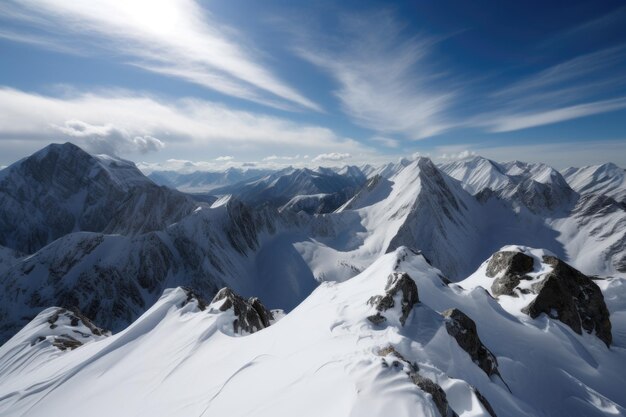 生成 AI で作成された、冬の雪に覆われた山々や氷河、青い空と雲