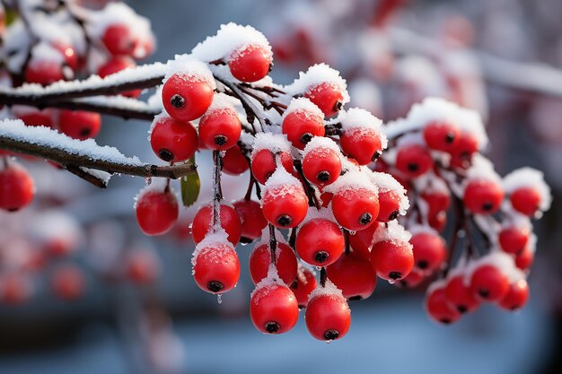붉은 열매가 달린 눈덮인 소나무 가지