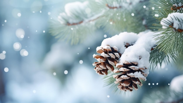 Snowcovered pine cones on a branch with falling snowflakes