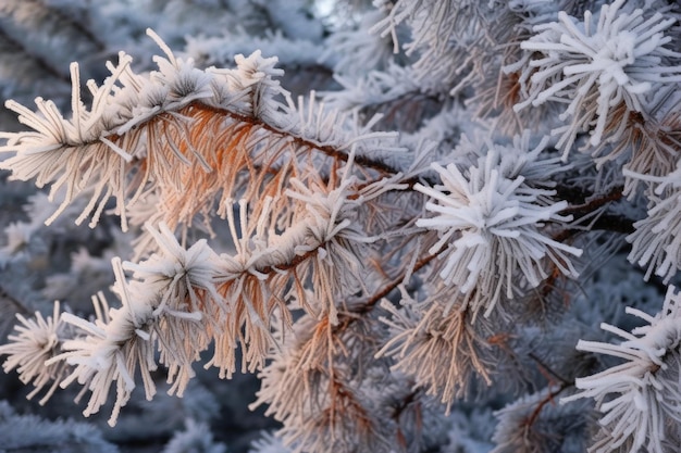 Snowcovered pine tree branches with frost patterns created with generative ai