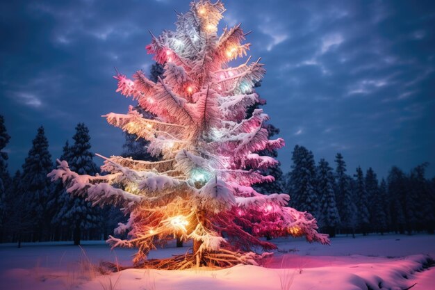 Foto un pino innevato con luci colorate