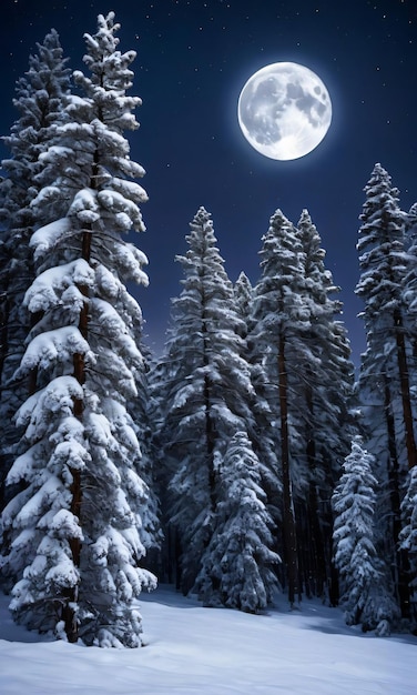 SnowCovered Pine Trees Under The Moonlight