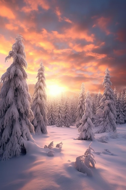 Snowcovered pine trees in a peaceful winter landscape created with generative ai