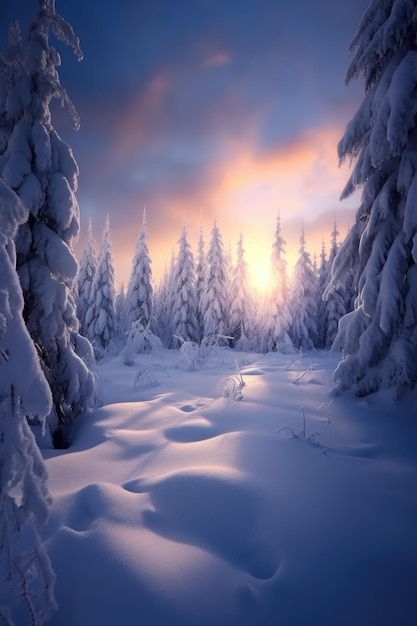雪に覆われた松の木は,生成的AIで作られた平和な冬の風景です.