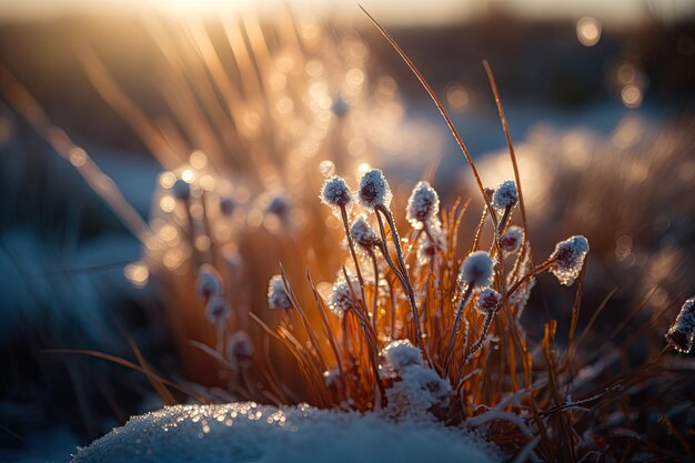 Snowcovered plant in extreme closeup generative ai