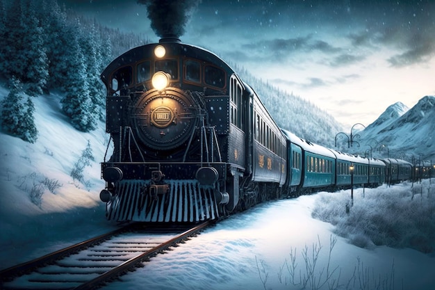 Snowcovered railway and polar express train rides on it created with generative ai