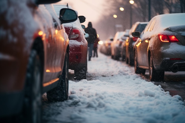Снежная дорога, заполненная транспортными средствами, приводит к пробке