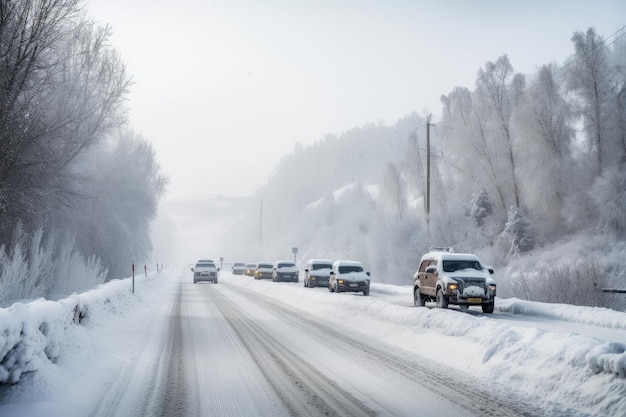 生成 AI で作成された、車やトラックが双方向に走行する雪に覆われた道路