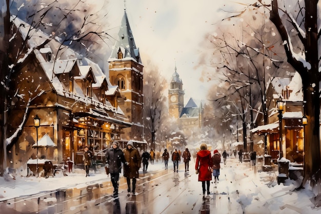 Snowcovered stalls and happy shoppers in watercolor holiday market scene