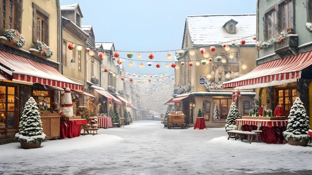 色とりどりのランタンとクリスマスの装飾で装飾されたお祝いの店舗で雪に覆われた通り