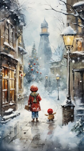 Snowcovered town with child walking past lit lanterns