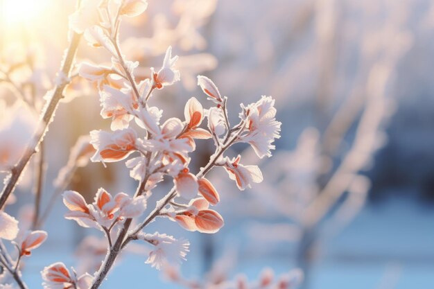 写真 雪に覆われた木の枝が 焦点が消えた背景で 人工知能によって生成された