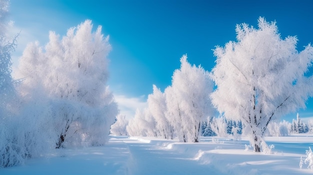 都市公園の雪に覆われた木々やベンチ ジェネレーティブ AI による凍てつく木々の冬景色