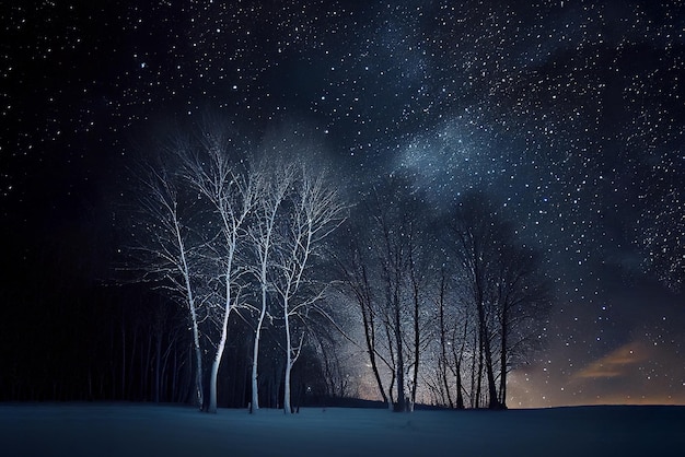 Snowcovered trees over starry sky background Generative Ai