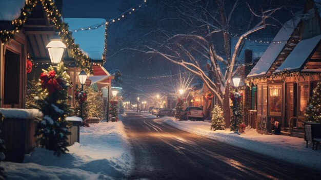 A snowcovered village adorned with twinkling holiday lights AI Generative