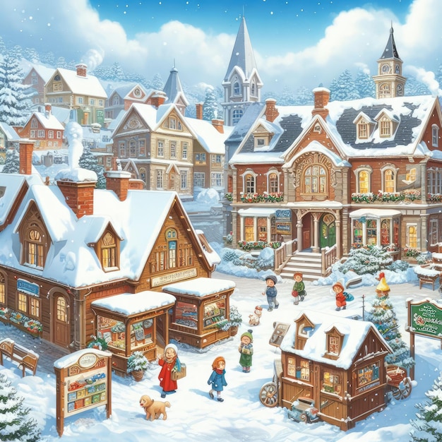 A snowcovered village at midday