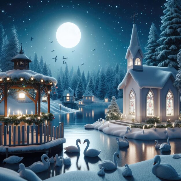 A snowcovered village at midnight with a moonlit lake with swans