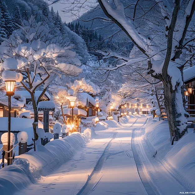 Photo snowcovered village with ice flowers and orange street lamps