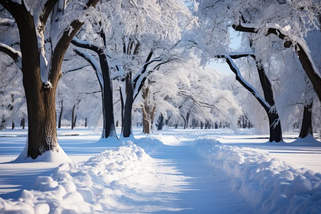 Foto un vicolo invernale coperto di neve nel parco un sentiero tra gli alberi coperti di carta da parati di stagione fredda