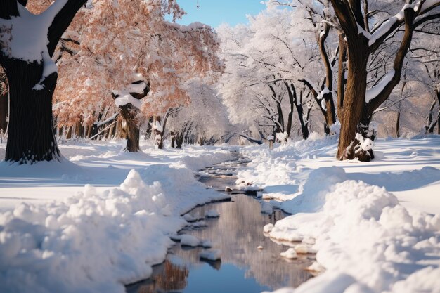 雪で覆われた公園の冬の小道 ⁇ 川 ⁇ 霜で覆われた木々の間の道 ⁇ 