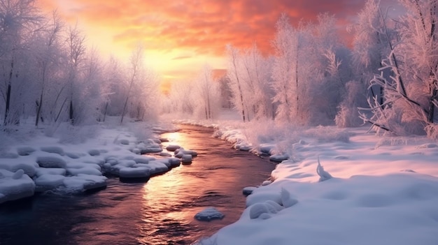 Snowcovered winter landscape illuminated by a gentle glow