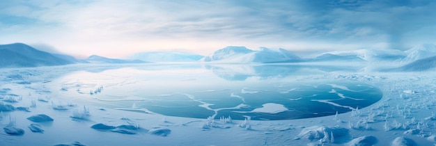 写真 凍った湖と周囲の雪景色を空から見た、雪に覆われた冬の風景