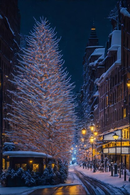 Снежная зимняя страна чудес с величественной рождественской елкой в центре, окруженной твинком.