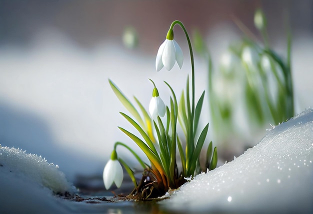 Snowdrop blooming white flowers making their way from under the snow in spring Generative ai