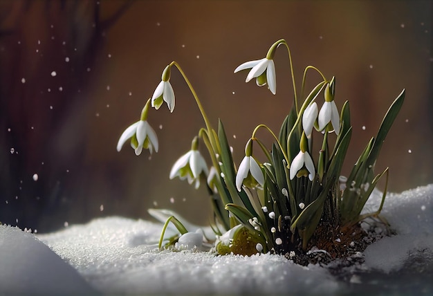 Подснежник цветет белыми цветами, пробивающимися из-под снега весной Generative ai