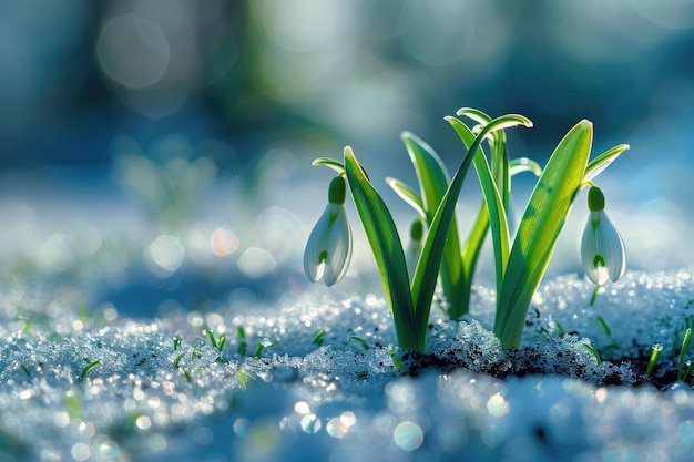 Snowdrop blooms blossoming in the snow the first signs of life in the spring Generative Ai