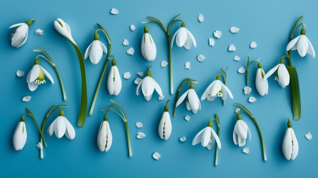 Snowdrop flowers on blue background Spring flowers Flat lay top view generative ai