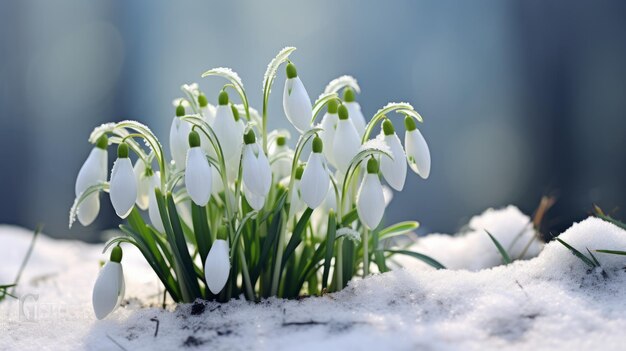 森の中の雪の中のスノードロップの花