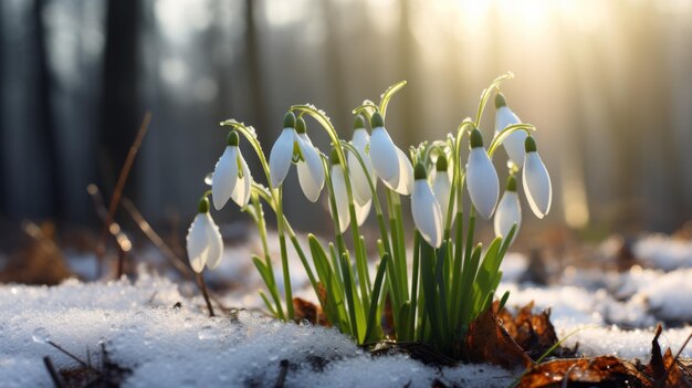 森の中の雪の中のスノードロップの花