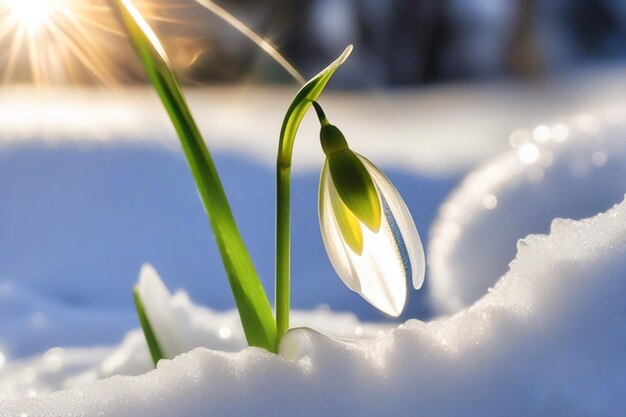 雪の中のスノードロップの花 晴れた日の森のプリムローズ 3月の休日のポストカード