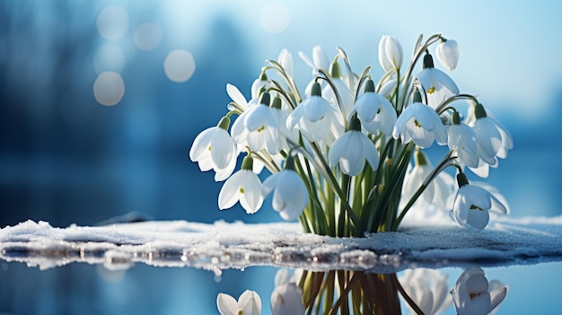 Snowdrops are awakening from beneath the snow AI generation
