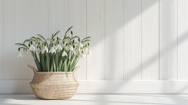 Foto gocce di neve delicatamente disposte in un cesto di paglia su uno sfondo di legno bianco in stile moderno minimalista restituito in dettagli ultrarealistici per evocare un senso di bellezza naturale e semplicità