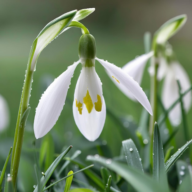 Snowdrops in early spring in closeup