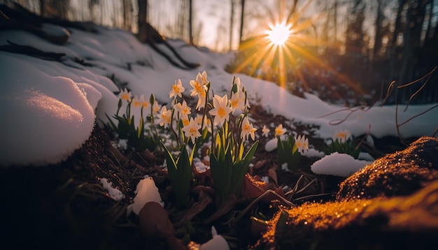 Snowdrops on the edge of the forest under the snow Generative AI