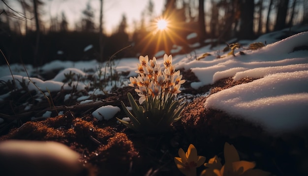 Snowdrops on the edge of the forest under the snow Generative AI