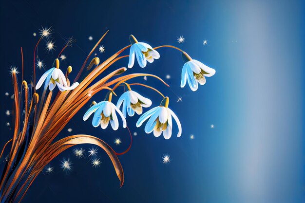 Snowdrops flowers over blue background