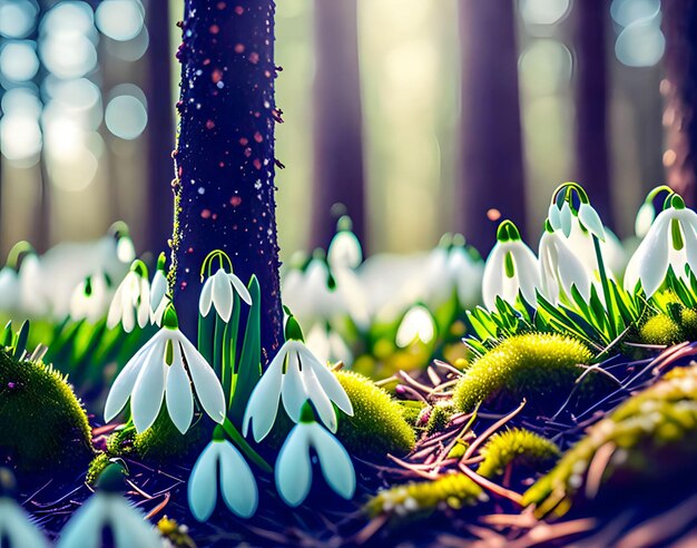 Snowdrops in a forest with trees in the background