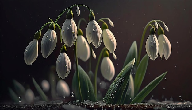 Snowdrops on the ground with water drops