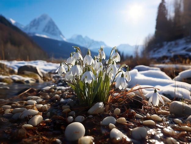 Snowdrops in the snow against the backdrop of mountains generative ai