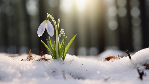 Snowdrops in spring among the snow Concept of traveling around the world recreation winter sports