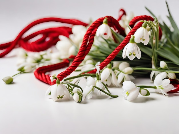 Snowdrops on white background with red and white rope martisor