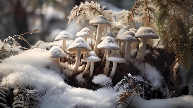 Snowdusted mushrooms on a woodland floor