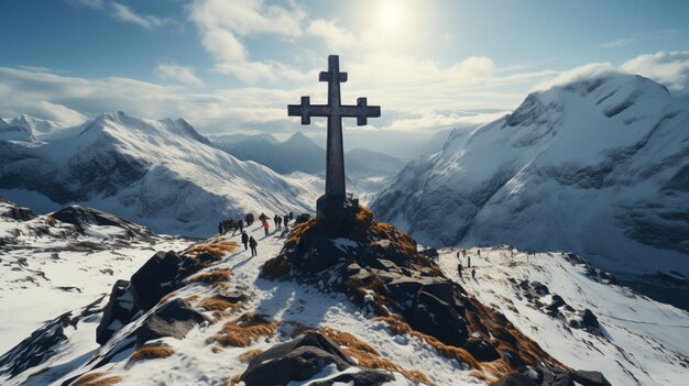 Photo in the snowey mountain a christian catholic cross and sun shine effect on it